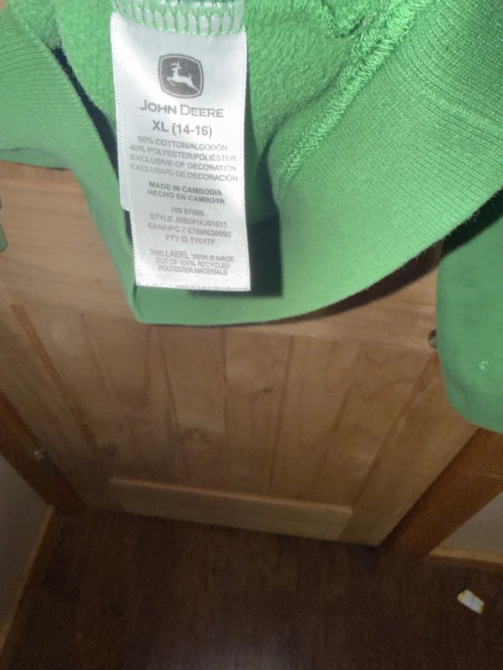 Kids XL John Deere Green Pullover Hoodie with Yellow Logo